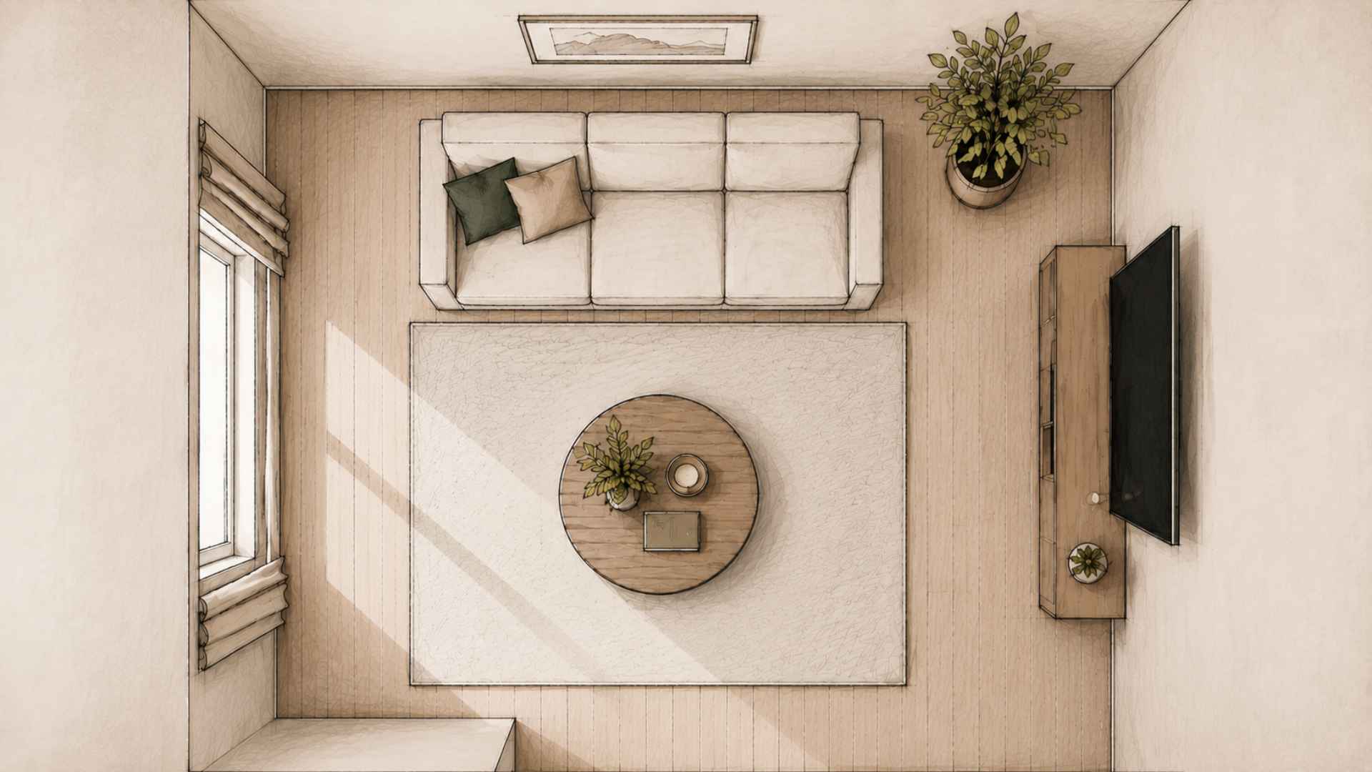 Wohnzimmer aus der Vogelperspektive mit Sofa, Teppich und Couchtisch in platzsparender Anordnung für eine großzügige Raumwirkung.
